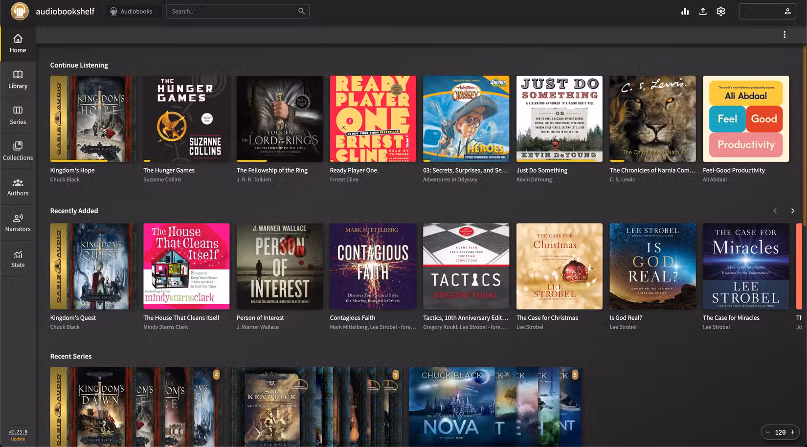 The AudioBookshelf interface showing books in progress, recently added, and series.