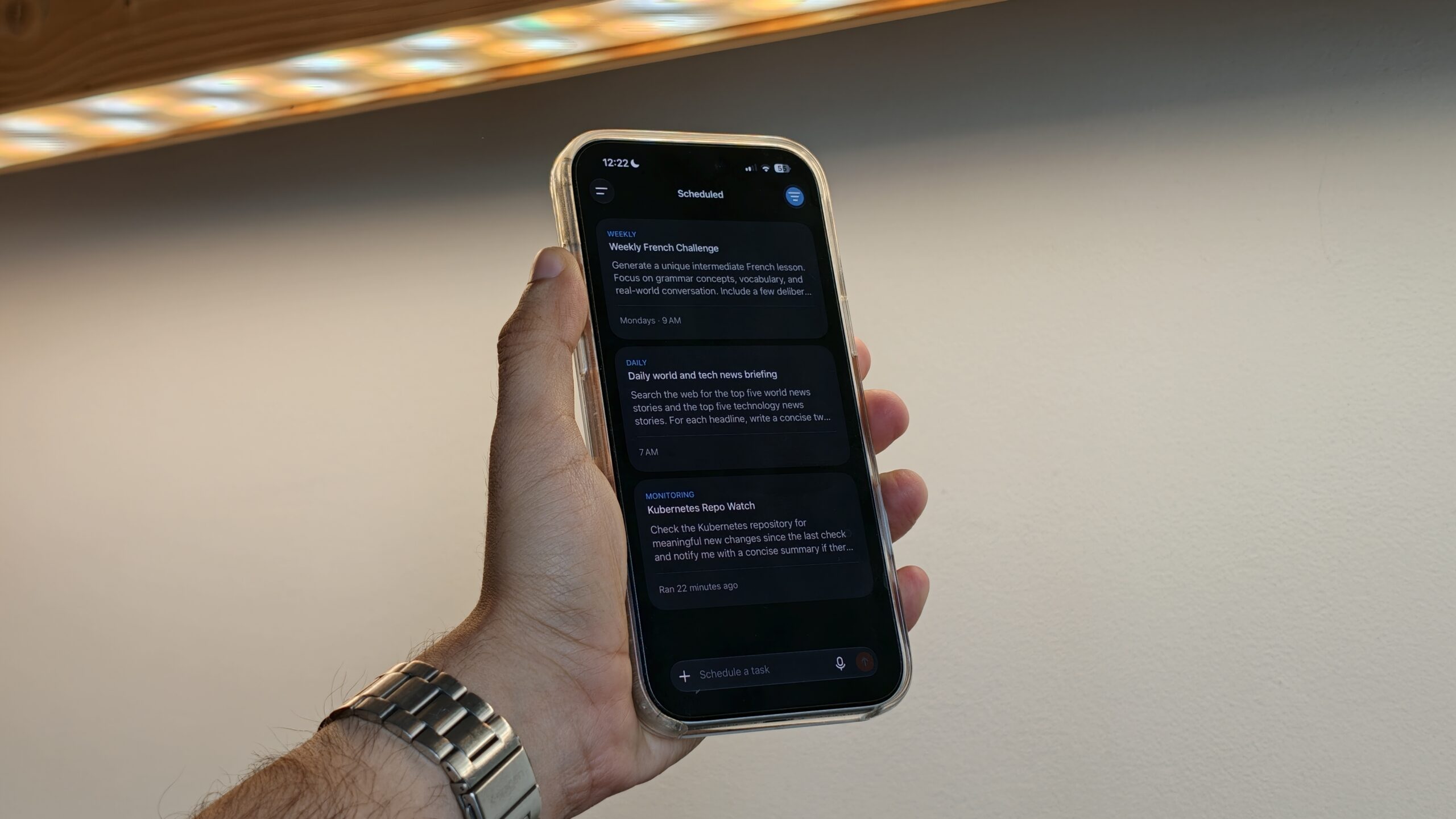 ChatGPT scheduled tasks setup on a phone