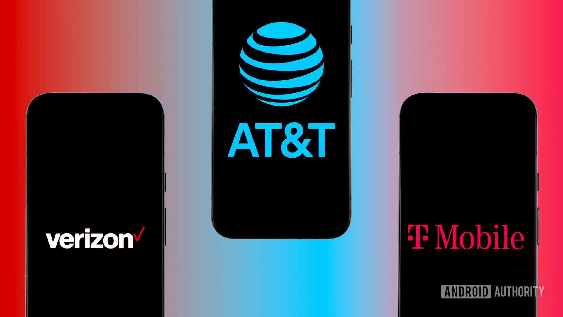 Stock photo of major US carriers Verizon Wireless, AT&T, and T-Mobile.
