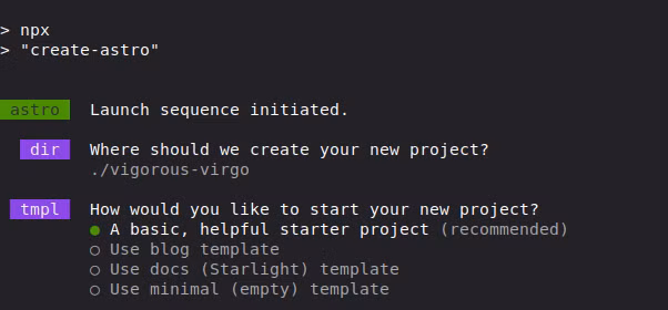 Setting up a project using Astro in command line.