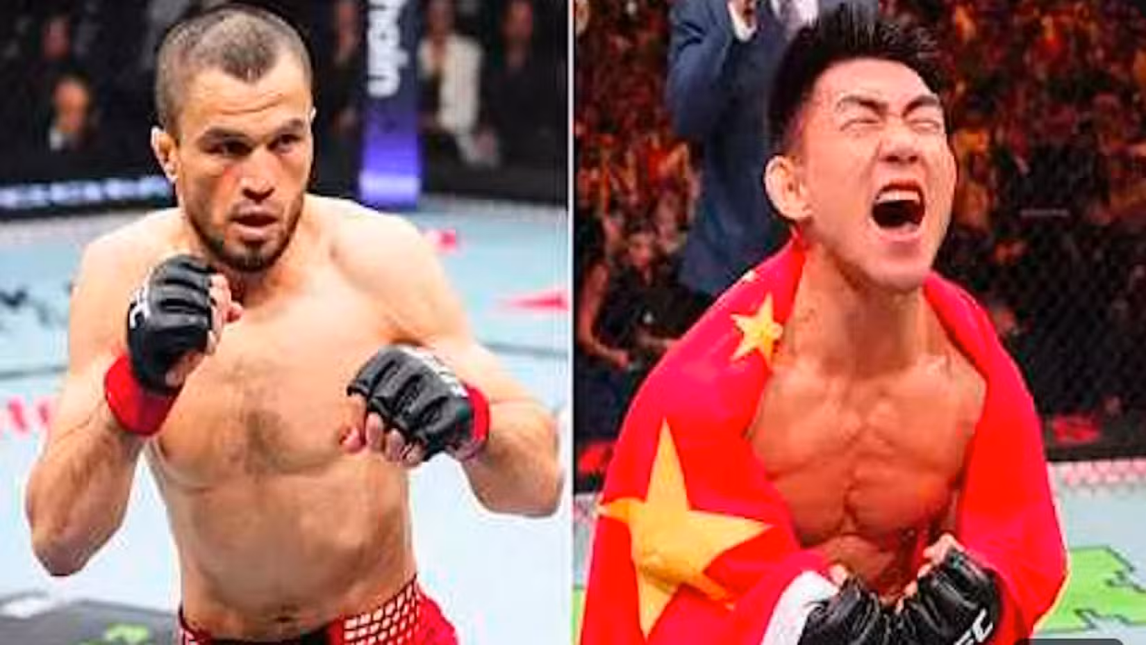 Split image of man fighting in Octagon and fight winner wrapped in China's flag.