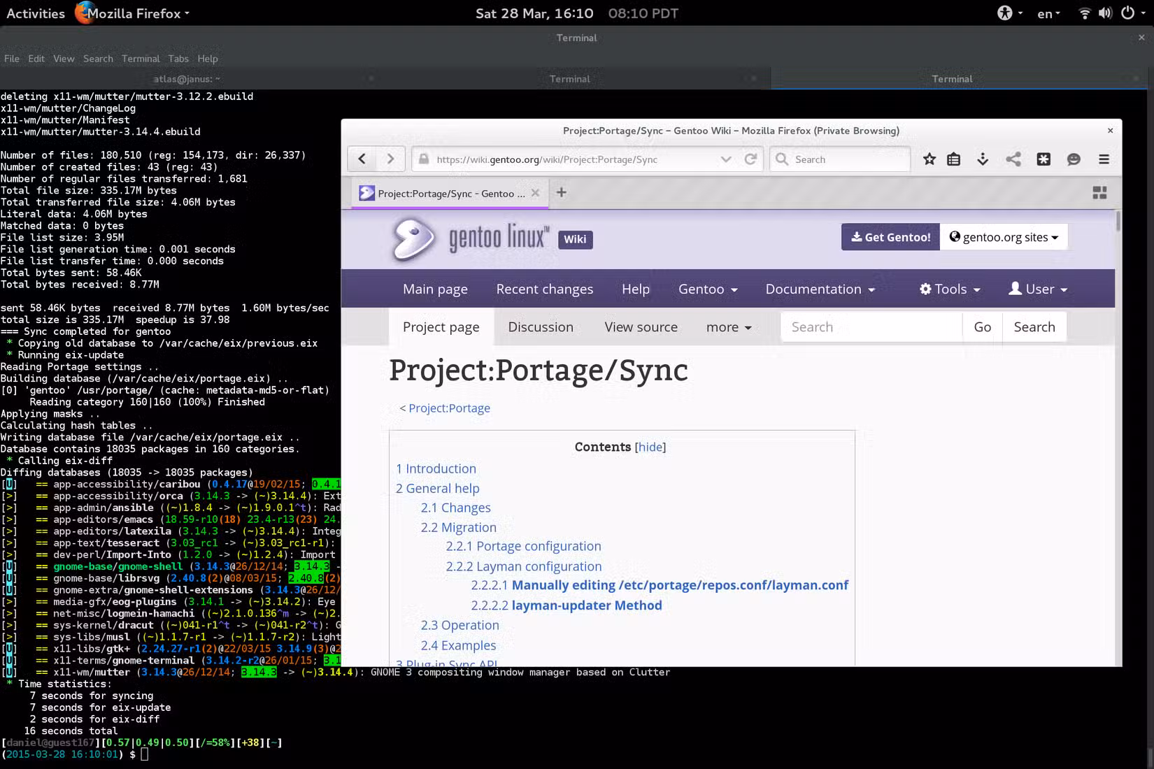 A standard Gentoo desktop with a full screen terminal window and a browser window open.