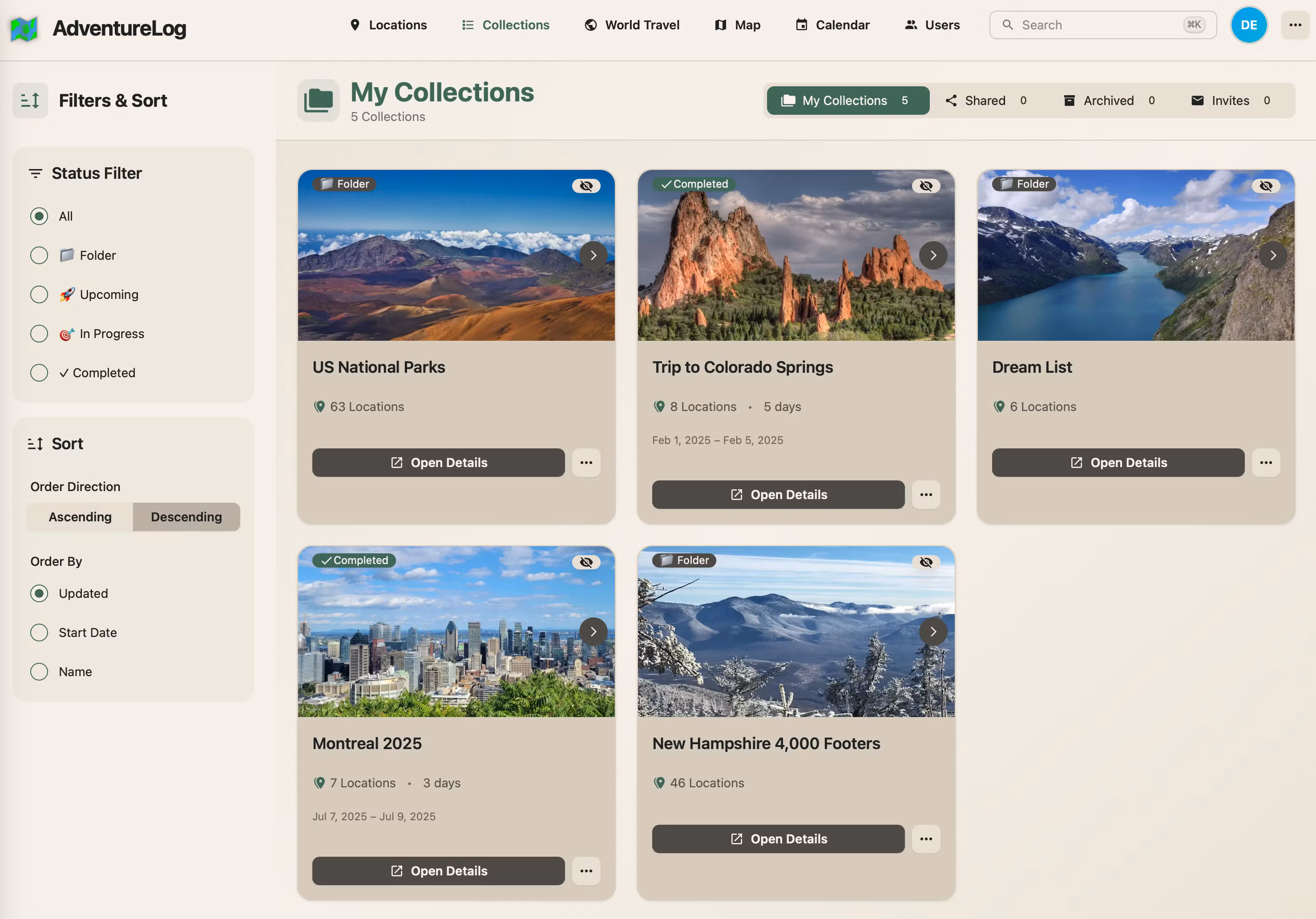 AdventureLog travel planning application.