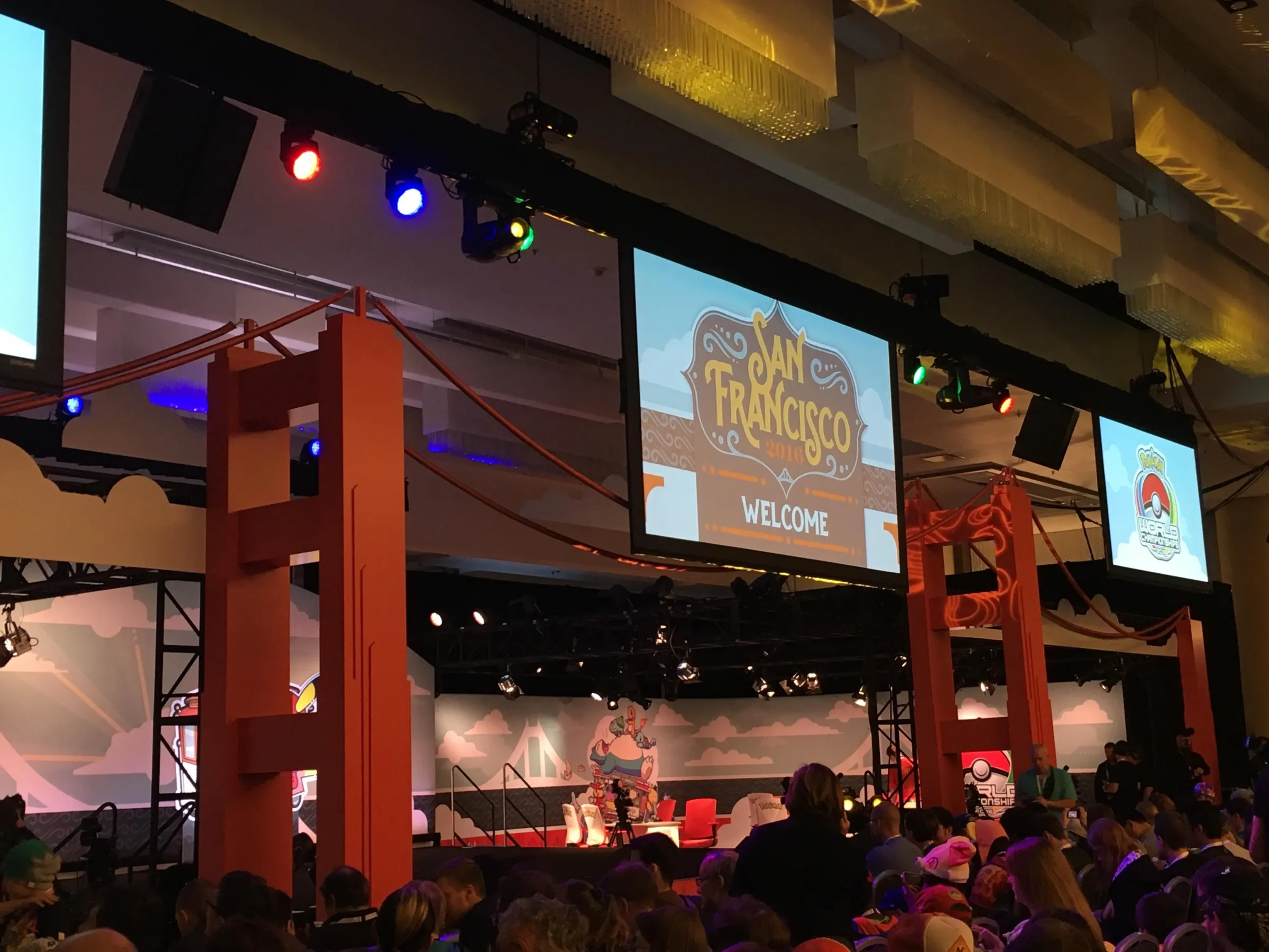 A view of the tournament stage at the 2016 Pokémon World Championships in San Francisco. There are small projection screens for viewing games.