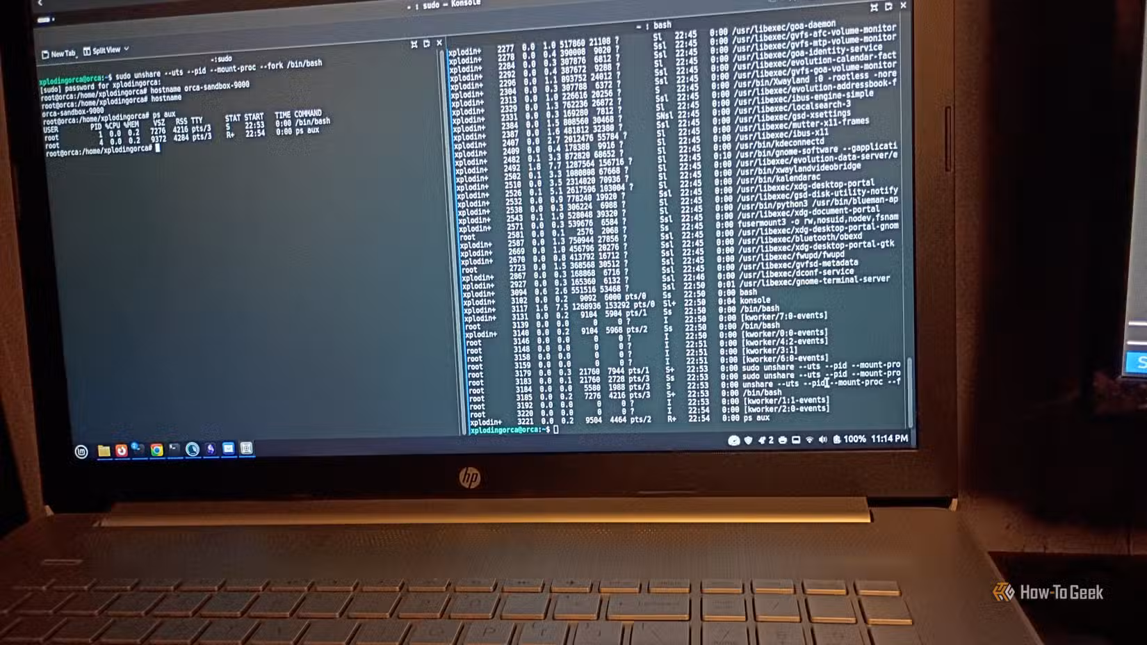 A dual-pane terminal display on a laptop demonstrating Linux namespaces in action.