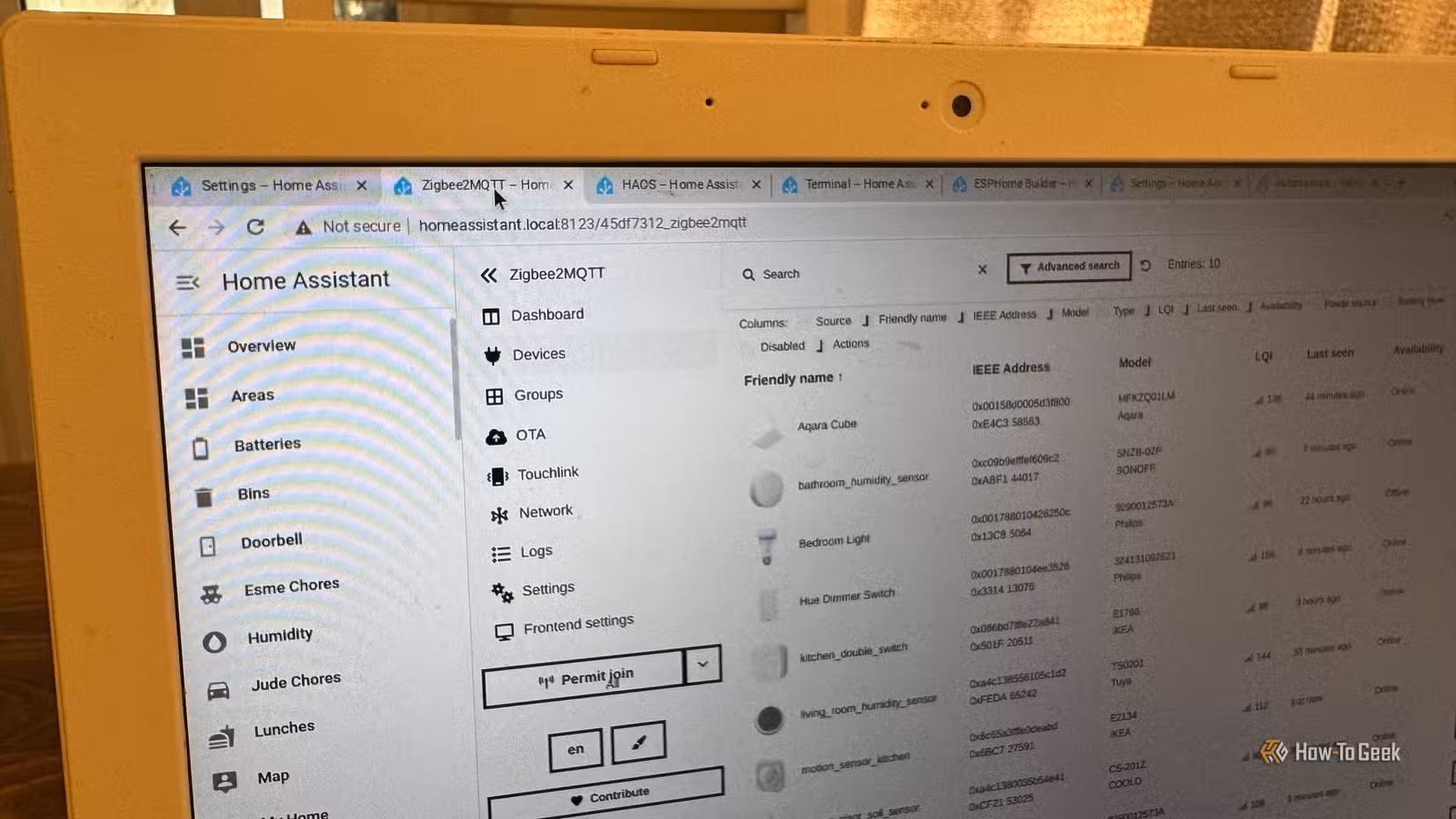 Chromebook used as Home Assistant terminal showing the Zigbee2MQTT devices page.