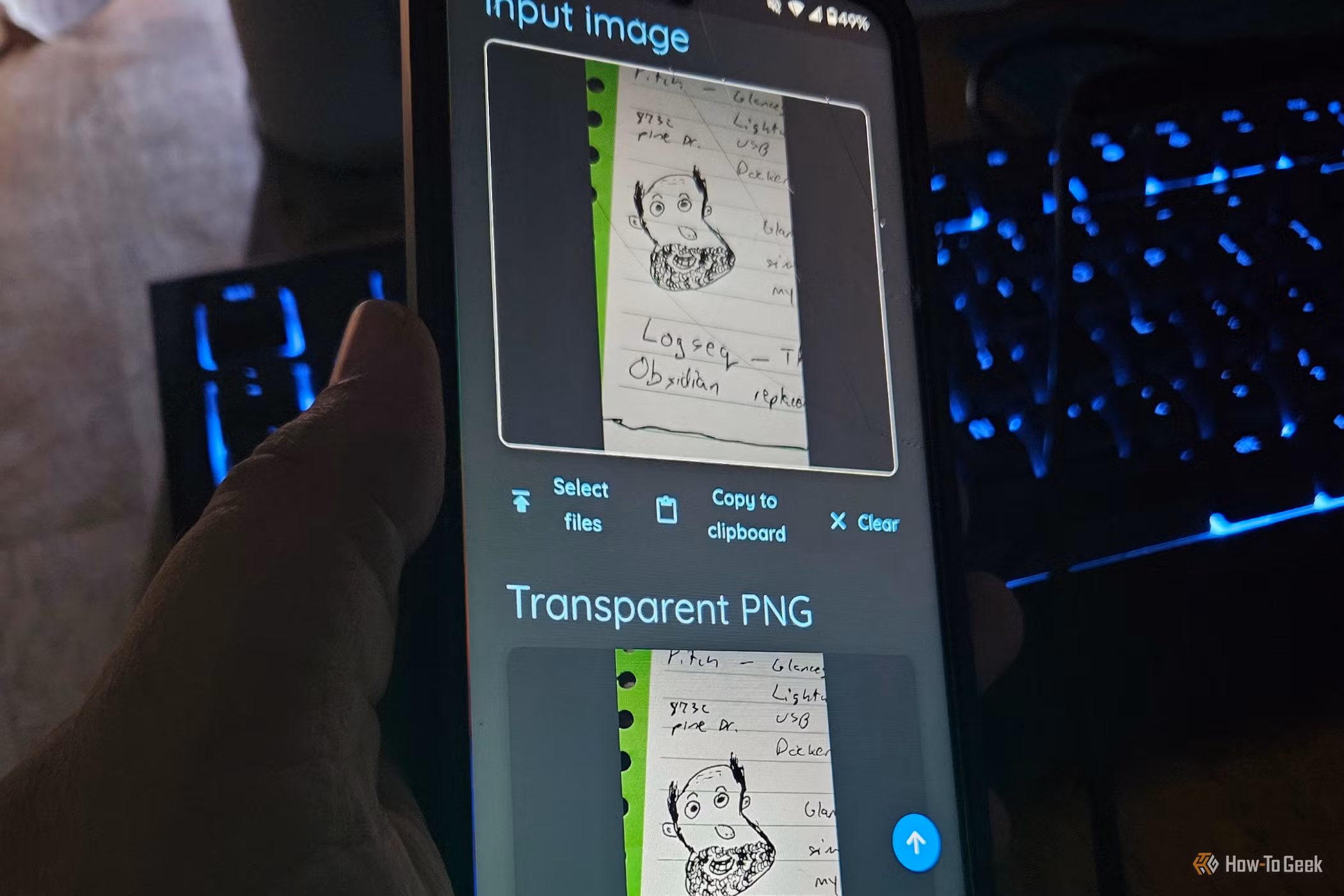 Creating a transparent PNG from a handrawn cartoon in Omni-Tools on an Android phone.